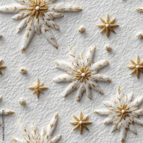 Christmas background with snowflakes. Luxury minimalist seamless holiday pattern with white embroidered ornaments.