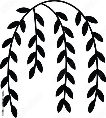 Simple black silhouette of a weeping willow branch illustration on a white background.