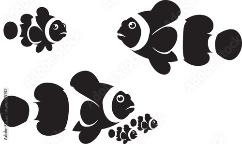 Clown fish family black silhouette isolated on transparent background vector illustration