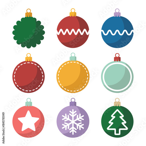 Colorful Christmas ornament icon collection with round baubles stars trees snowflakes stitched details festive flat vector illustration