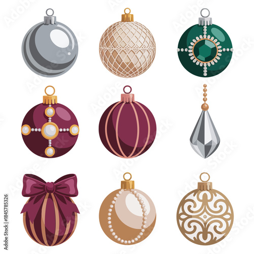 Luxury Christmas ornament illustration set with elegant baubles bows pearls metallic textures festive holiday flat vector design collection