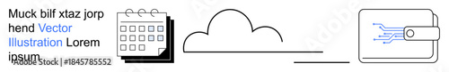Cloud data storage, financial transactions, time management, digital economy, technology integration, and online organization. a calendar, a cloud symbol and a digital wallet. Cloud storage