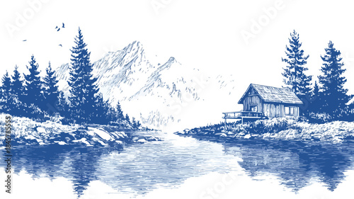 Tranquil Mountain Lake Cabin Scene Vector with Outline