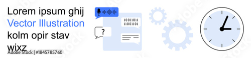 Productivity, communication, digital tools, automation, data exchange, time tracking. Clock, chat bubbles speech-to-text icons and gears arranged visually. Productivity and communication concept