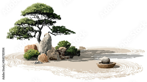 Tranquil Zen Garden Raked Sand Vector Illustration