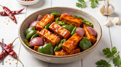 A bowl of paneer chili 