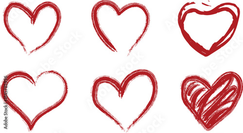 Collection of Six Red Hand Painted Heart Shapes brush stroke