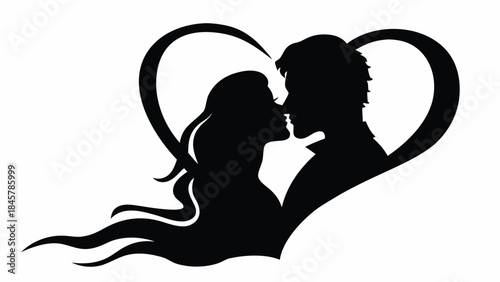 Romantic couple kissing in heart silhouette, love and affection