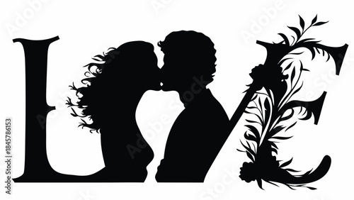 Romantic couple silhouette in love with floral design