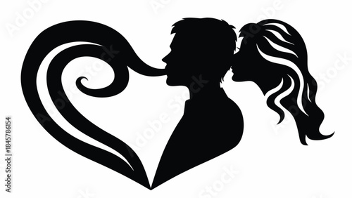 Loving couple sharing romantic kiss in heart silhouette