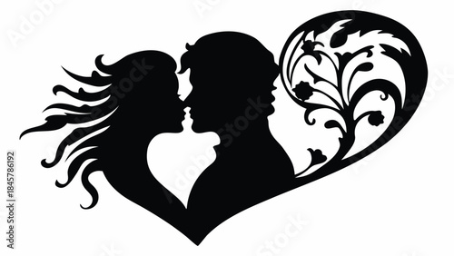 Loving couple sharing romantic kiss in heart silhouette