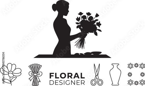 Floral designer silhouette vector icon set, woman arranging flowers bouquet