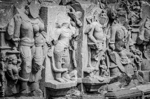 Stone carved erotic bas relief in Hindu temple in Khajuraho, India