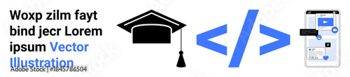 Online learning, education technology, coding, programming skills, mobile apps, e-learning platforms. A graduation cap icon, code brackets and a mobile app interface. Coding and education technology