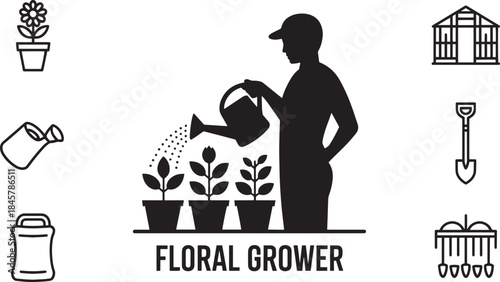 Floral grower black silhouette and line icons on transparent background vector illustration