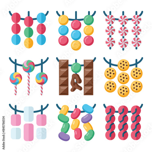 Hanging candy garland and sweet treat illustration collection with marshmallows chocolates cookies lollipops colorful holiday flat vector