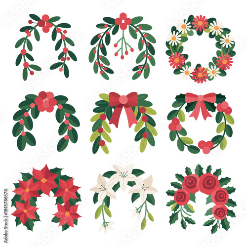 Christmas greenery wreath and garland illustration set with leaves berries bows floral festive flat vector design