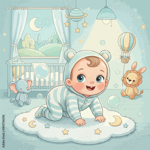 Cute Baby Crawling in Nursery at Night with Stars and Moon