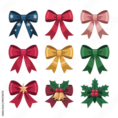Holiday ribbon bow icon collection featuring assorted colors styles gift decoration elements festive flat vector illustration set