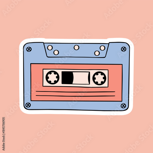 Cassette Music tape retro hand drawn blue sticker. Pink  icon, tattoo, illustration. Pop playlist. Mix tape. 80s
