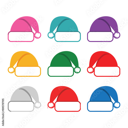 Colorful winter Santa hat icon collection with multiple styles shades seasonal celebration flat vector illustration set