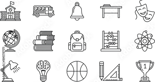 Education and school icons set featuring classroom, learning tools, students, books, science, sports, achievement, academic vector illustration collection