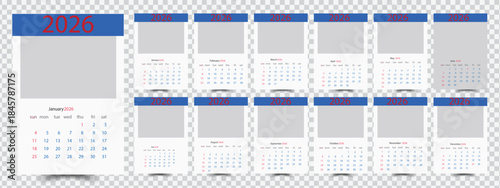 Clean and modern annual calendar template for year 2026 with custom image area