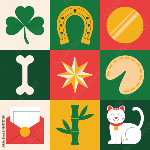 Lucky holiday symbol illustration set with clover horseshoe star fortune icons festive flat vector design collection