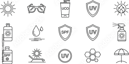 Sun protection and sunscreen icons set featuring SPF, UV shield, skincare products, summer safety, beach protection line vector illustration