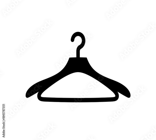 A simple black silhouette of a wooden clothes hanger isolated on a plain white background representing apparel