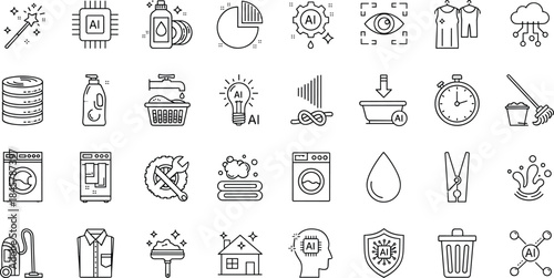 AI powered smart home and laundry icons set featuring artificial intelligence, automation, washing, cleaning, energy efficiency vector illustration