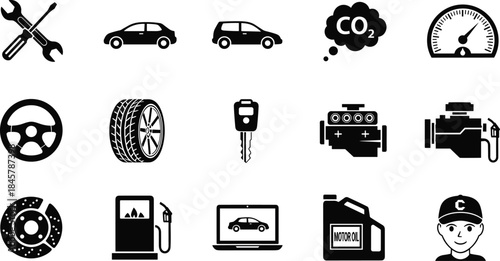 Automotive service and car maintenance icons set featuring repair tools, engine parts, fuel, diagnostics, mechanic, vehicle vector illustration