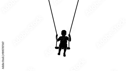 Silhouette of a small child sitting on a swing, isolated on a white background, symbolizing childhood and play.