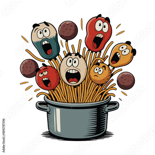 Funny Cartoon Spaghetti and Meatballs Characters Bursting from a Cooking Pot
