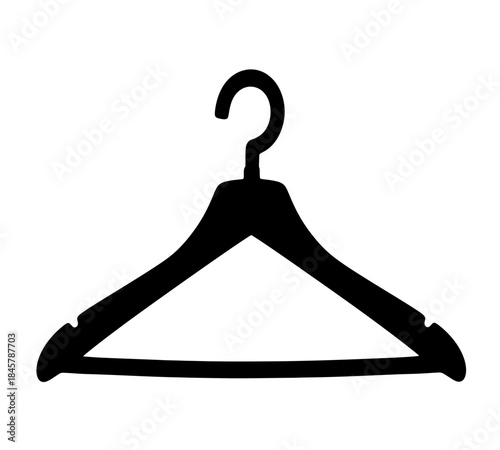 A simple black silhouette depicting a classic wooden clothes hanger commonly used for garment storage