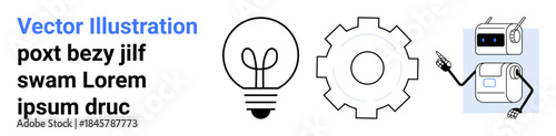 Innovation, technology, automation, robotics, teamwork, creativity. Gear, light bulb and robot icon with pointing arm. Innovation and technology concepts emphasizing teamwork and creativity
