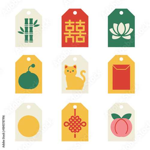 Asian new year decorative gift tag collection with bamboo lantern double happiness peach orange lotus flat vector illustration