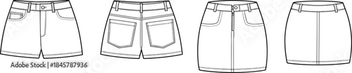 CAD drawing flat vector illustration of women’s denim shorts and skirts, technical fashion sketch front and back view