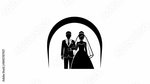 Stylized black and white illustration of a newlywed couple under an arch, symbolizing marriage and union.