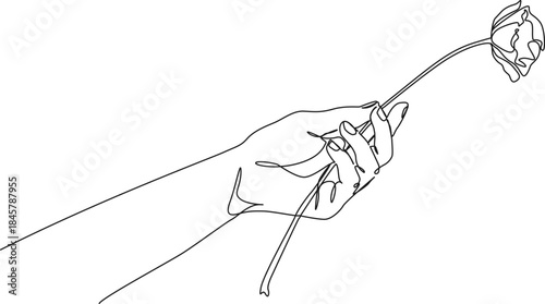 continuous line drawing of hand gently holding a single flower, line art vector illustration