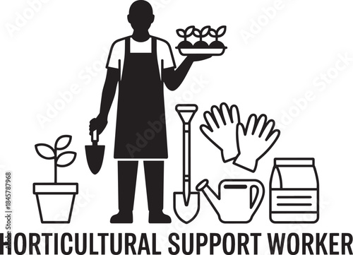Horticultural support worker icon set with gardener holding shovel and plants