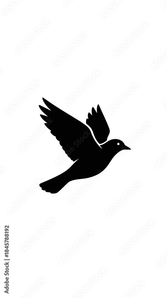Obraz premium Black silhouette of a bird flying with wings spread against a white background.