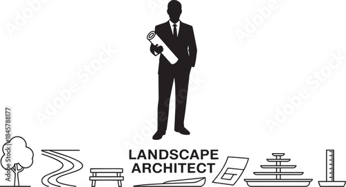 Landscape architect banner with various design elements silhouette vector illustration set