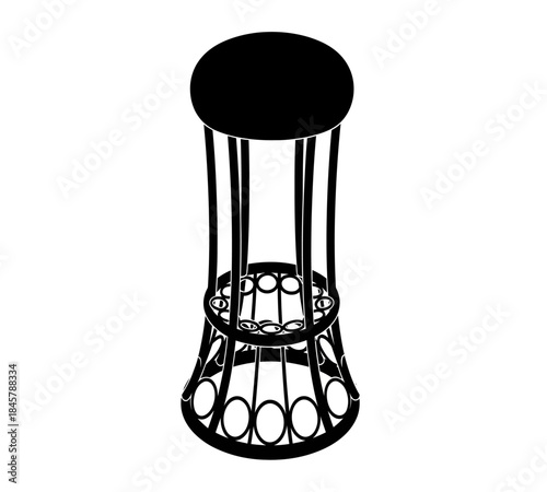 a simple black and white illustration of a round stool with a woven design and four legs positioned centrally