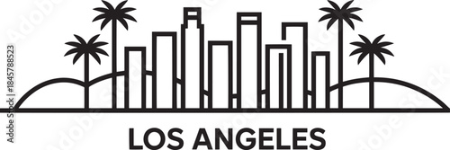 Los angeles skyline line art. downtown buildings and palm trees cityscape with text