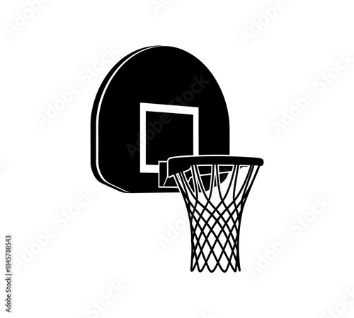 A simple black and white illustration depicts a basketball hoop with a net showcasing sports equipment and recreational activity