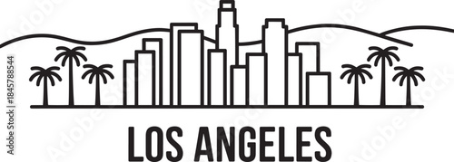 Los angeles skyline line art. downtown buildings palm trees and hills cityscape with text