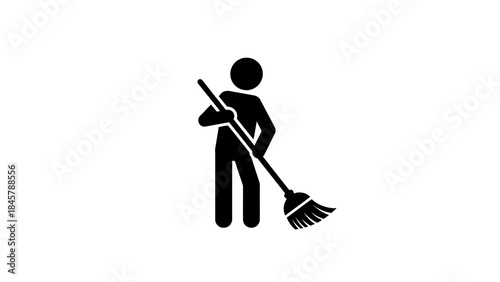 Simple black and white icon of a person sweeping with a broom, representing cleaning or maintenance tasks.