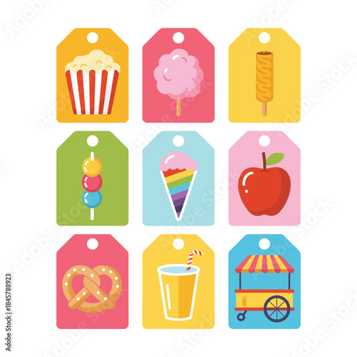 Carnival snack and dessert gift tag icon collection with popcorn cotton candy pretzel ice cream drink flat vector illustration