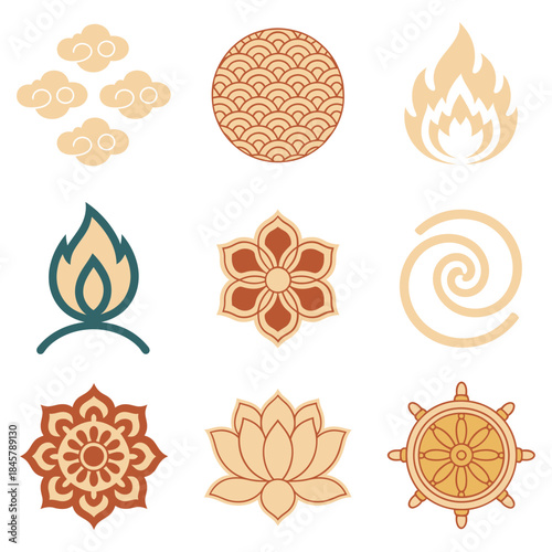 Buddhist worship item icon collection, lotus coin candle bowl monk symbols, temple offering concept, spiritual culture, flat vector design